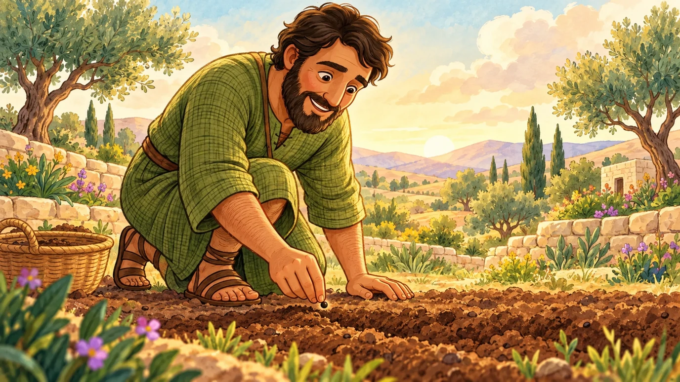 The man planted the tiny seed in his field.