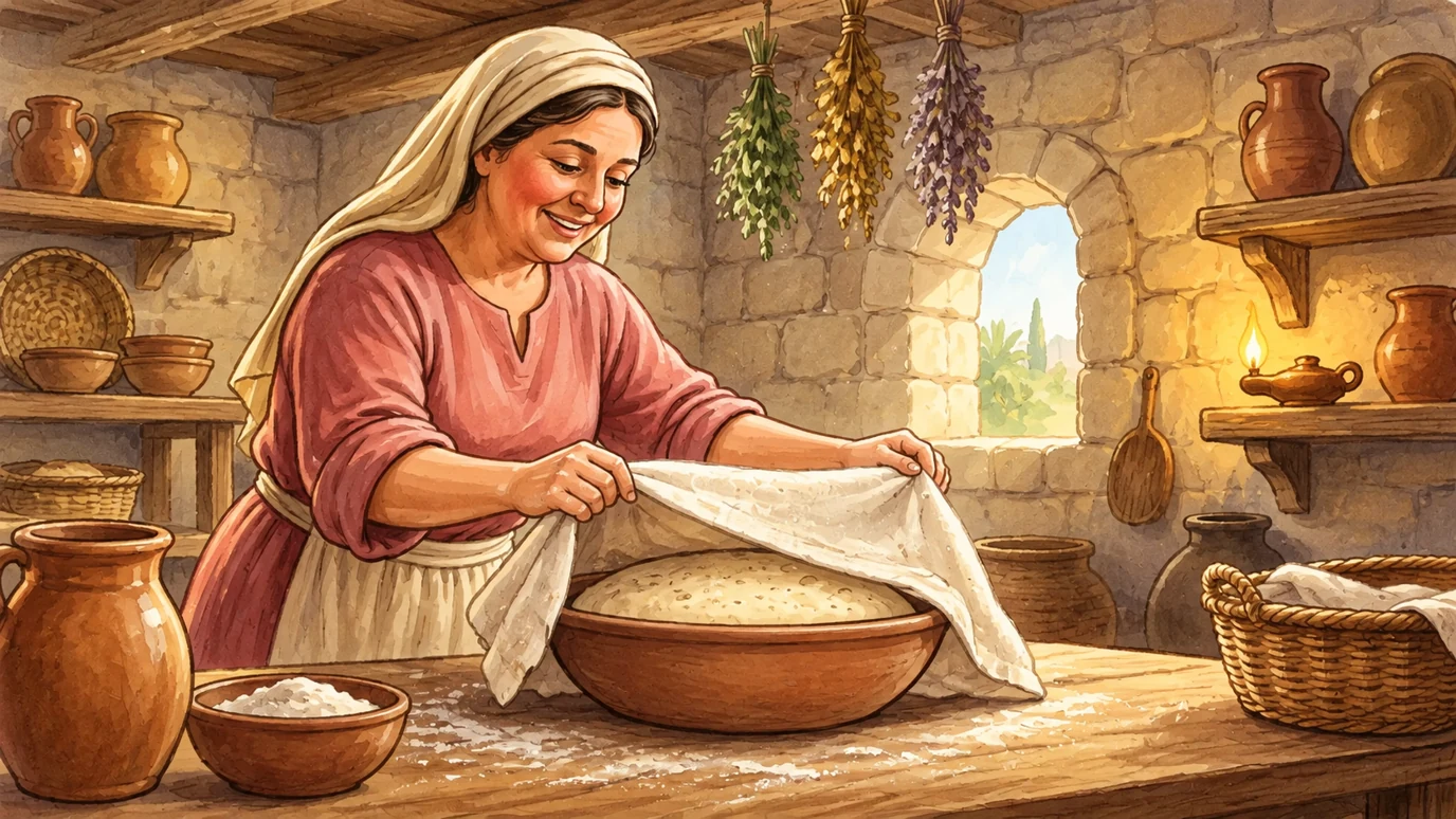 The woman covered the dough and let it rest.