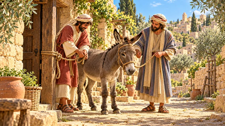 Los discípulos desataron al burrito para llevárselo a Jesús.