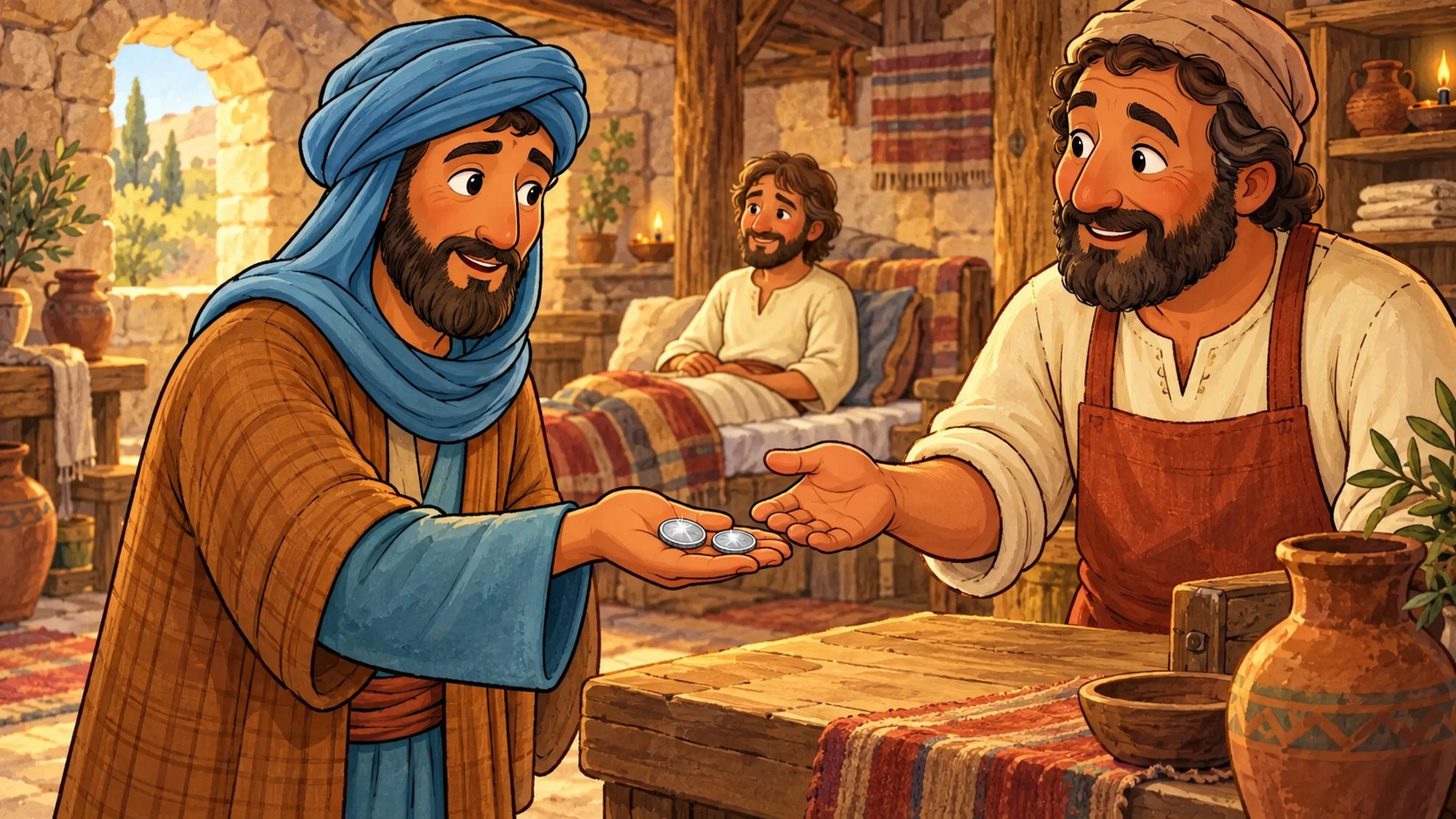 El samaritano dio dos monedas al encargado de la posada.