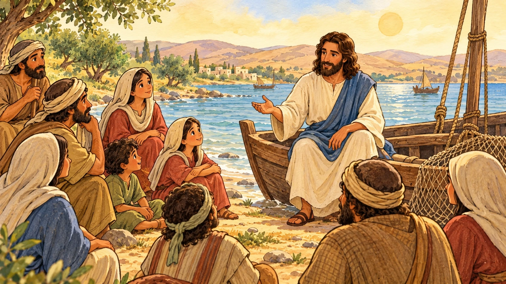 Jesús contó la parábola desde una barca a la multitud.